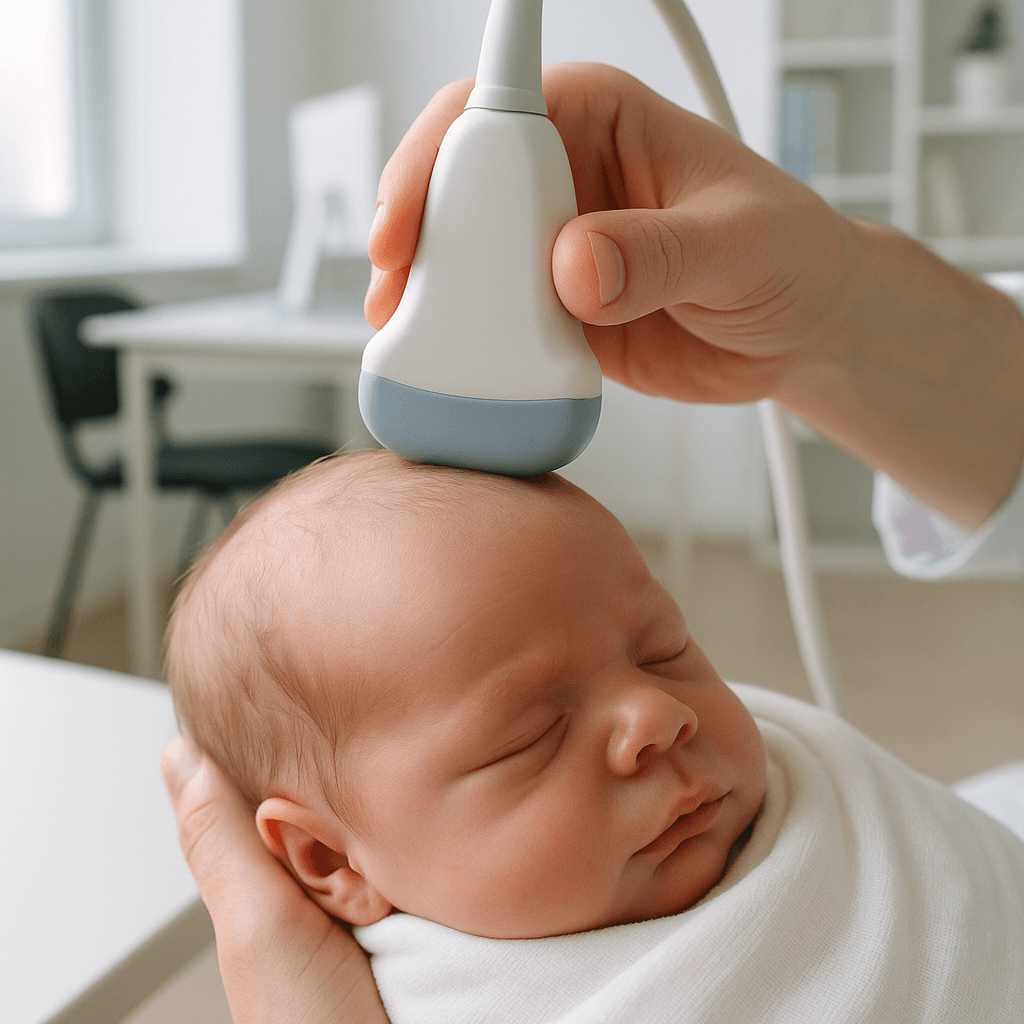 Lekarz wykonujący USG szwów czaszkowych niemowlęcia w gabinecie lekarskim w Zabrzu.