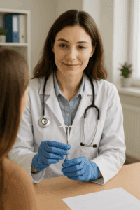 Lekarz ginekolog tłumaczący pacjentce jak będzie wyglądała procedura założenia wkładki wewnątrzmacicznej.