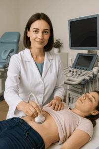 Lekarz ginekolog wykonujący ginekologiczne USG przezbrzuszne u młodej pacjentki.
