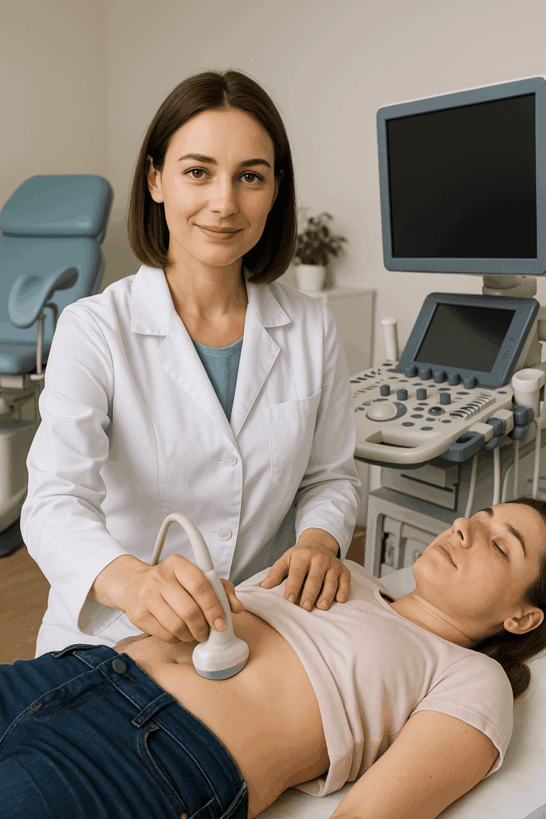 Lekarz ginekolog wykonujący ginekologiczne USG przezbrzuszne u młodej pacjentki.