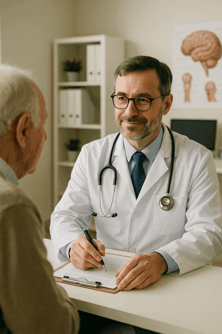 Lekarz neurolog przeprowadzający wywiad z pacjentem podczas konsultacji.
