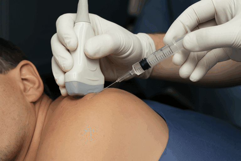 Grafika przedstawiająca procedurę barbotażu stawu ramiennego.