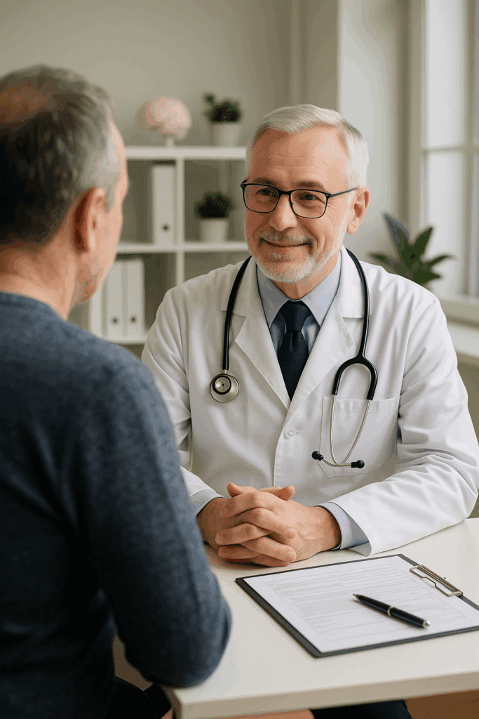 Lekarz omawia z pacjentem czynniki ryzyka udaru mózgu.