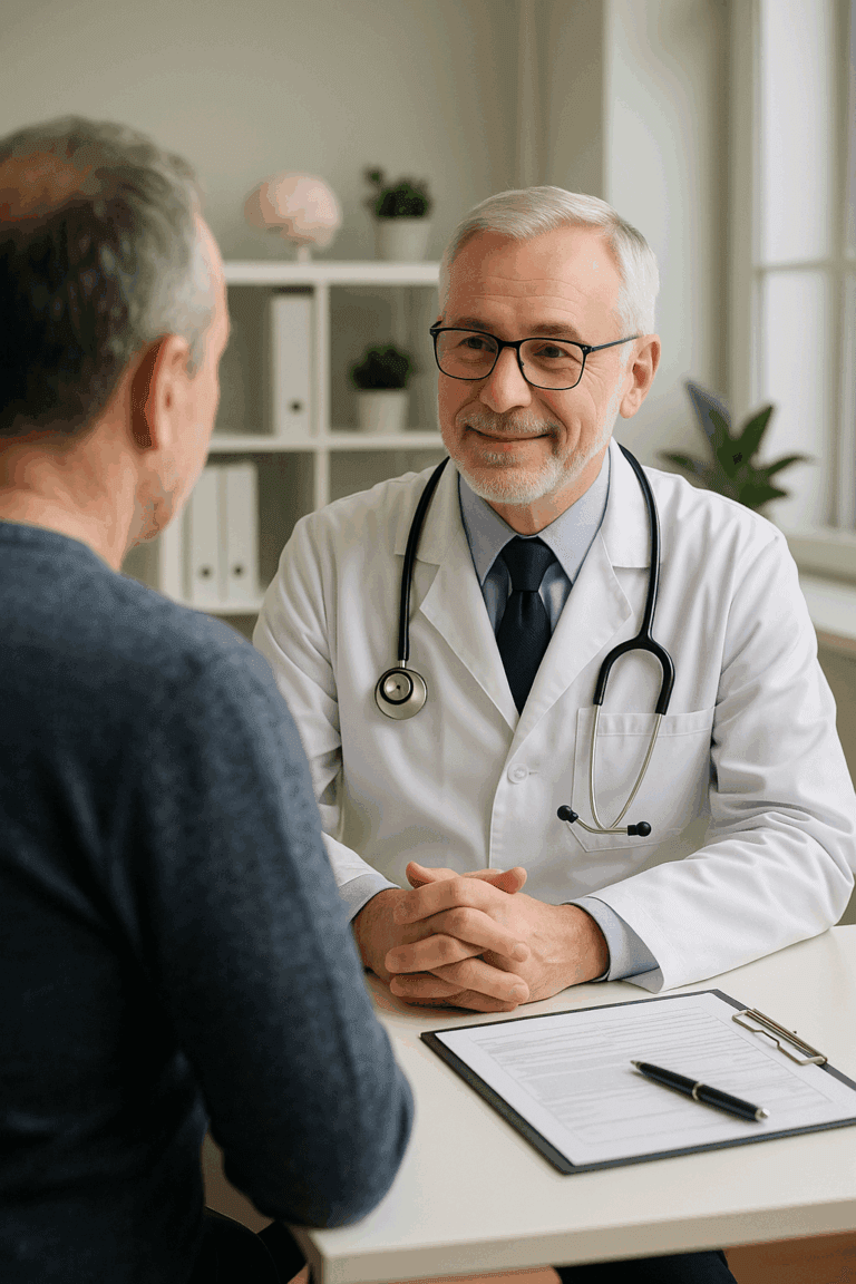 Lekarz omawia z pacjentem czynniki ryzyka udaru mózgu.