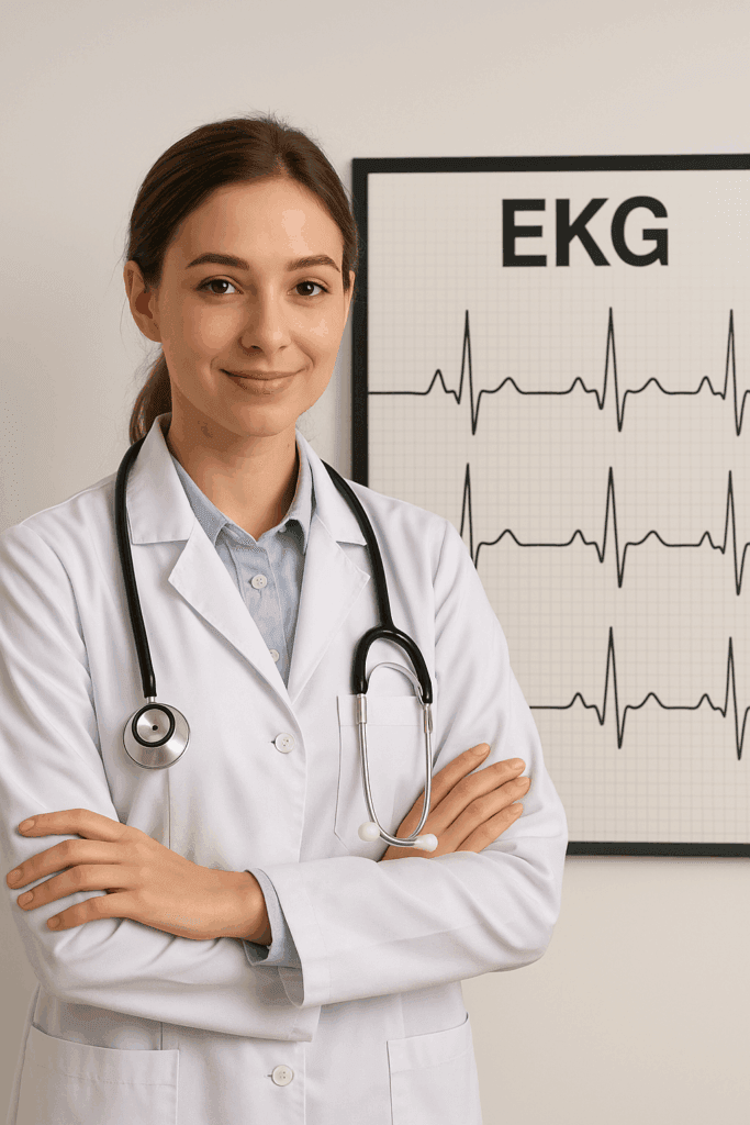 Zdjęcie przedstawia lekarkę kardiolog wykonującą i interpretującą badanie EKG.