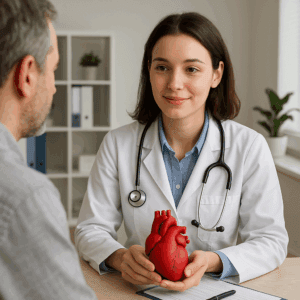Zdjęcie przedstawia lekarkę kardiolożkę udzielającą konsultacji kardiologicznej.