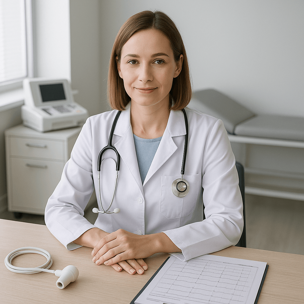 Lekarz internista udzielający konsultacji internistycznej (chorób wewnętrznych). W tle widoczny aparat EKG.