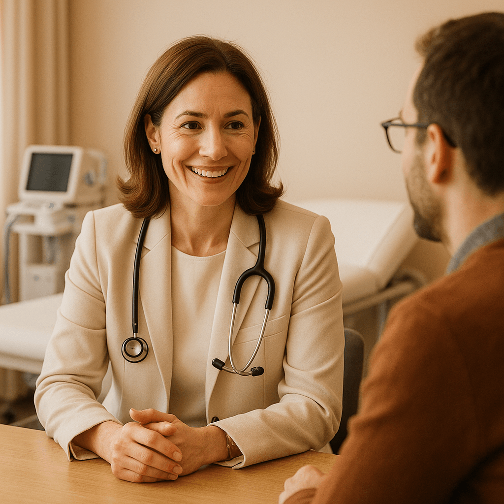 Lekarz rodzinny udzielający konsultacji pacjentowi. W tle widoczny nowoczesny gabinet.