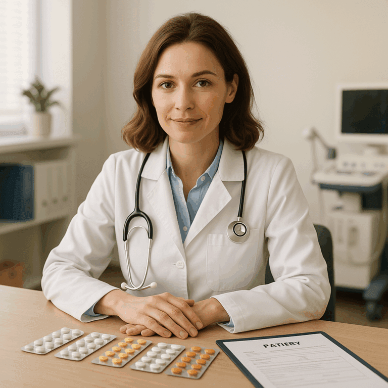 Lekarz internista analizujący leki przyjmowane przez pacjenta - kontrola polipragmacji.