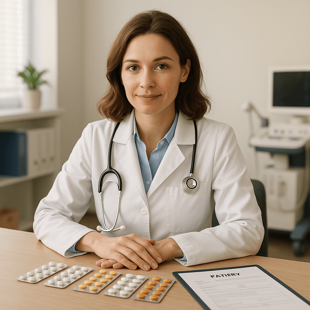 Lekarz internista analizujący leki przyjmowane przez pacjenta - kontrola polipragmacji.