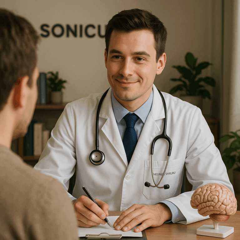 Neurochirurg w trakcie udzielania konsultacji w Zabrzu.