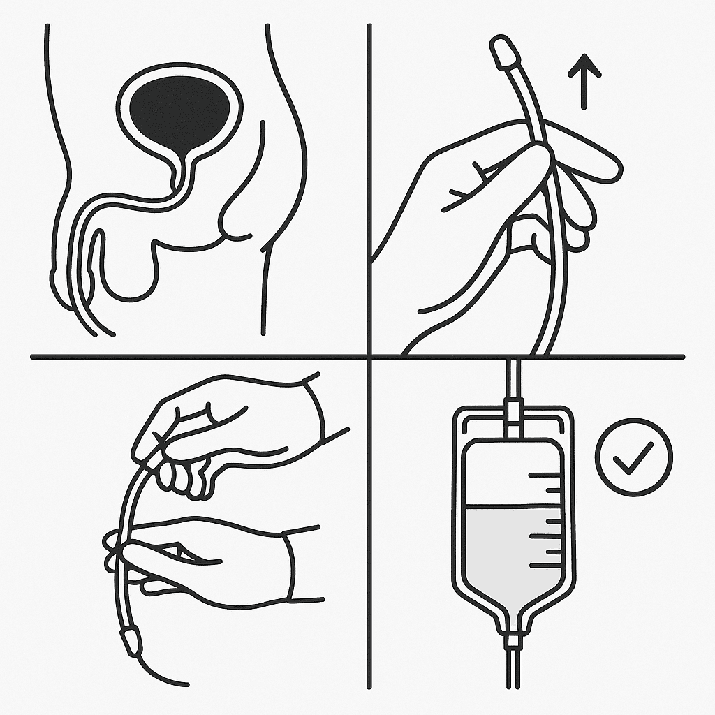 Schemat zakładania cewnika do pęcherza moczowego.