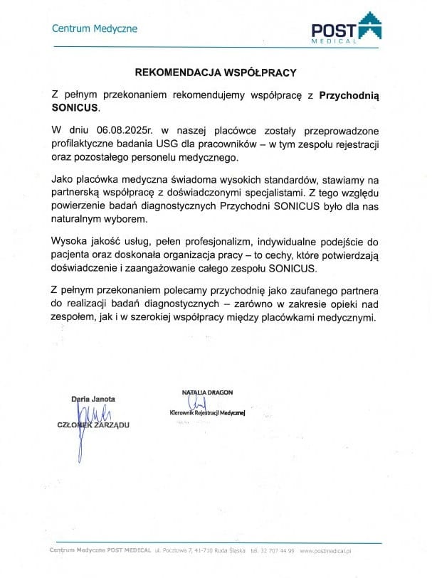 SKan przedstawia referencje wystawione przsez Centrum Medyczne Post Medical dla Centrum Diagnostycznego Sonicus za przeprowadzenia akcji profilaktycznej pracowników.
