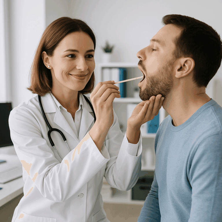 Internistka bada gardło pacjenta podczas konsultacji infekcyjnego pacjenta w Sonicus w Zabrzu.