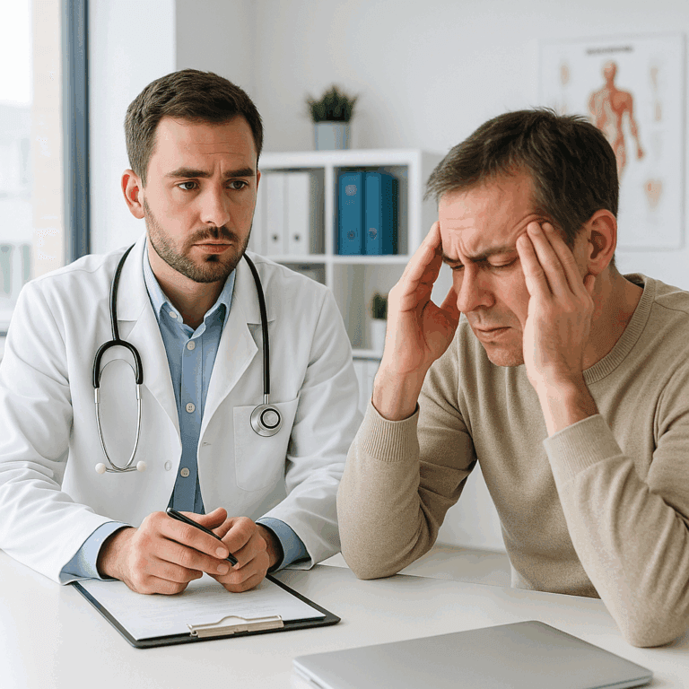 Pacjent zgłaszający się do neurologa z bólami migrenowymi, które nie poddają się standardowemu leczeniu, celem kwalifikacji do leczenia toksyną botulinową.