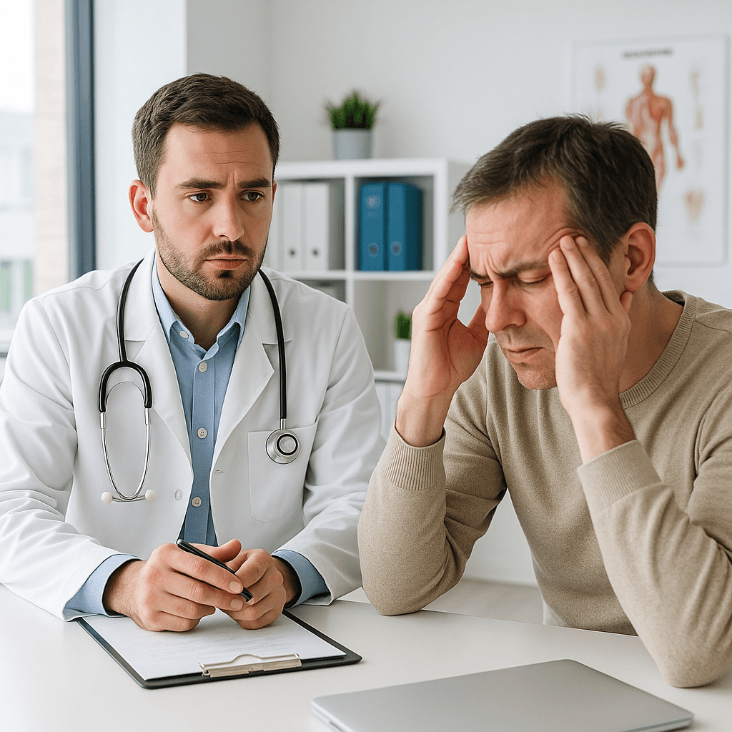 Pacjent zgłaszający się do neurologa z bólami migrenowymi, które nie poddają się standardowemu leczeniu, celem kwalifikacji do leczenia toksyną botulinową.