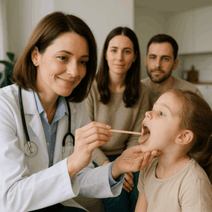 Lekarka wykonująca badanie gardła dziecka podczas wizyty domowej lekarza rodzinnego w Zabrzu.