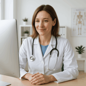 Lekarka przeprowadzająca telekonsultację lekarza rodzinnego w Sonicus.