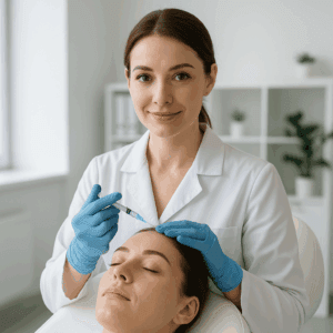 Lekarka wykonuje zabieg podania toksyny botulinowej w okolicę czoła pacjentki.