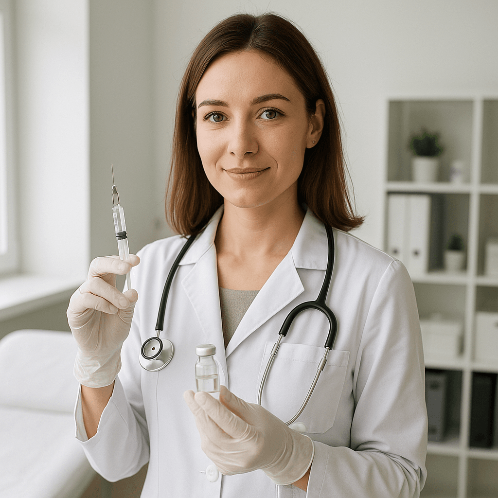 Zdjęcie przedstawia lekarkę, przed przeprowadzeniem zabiegu mezoterapii w Zabrzu.