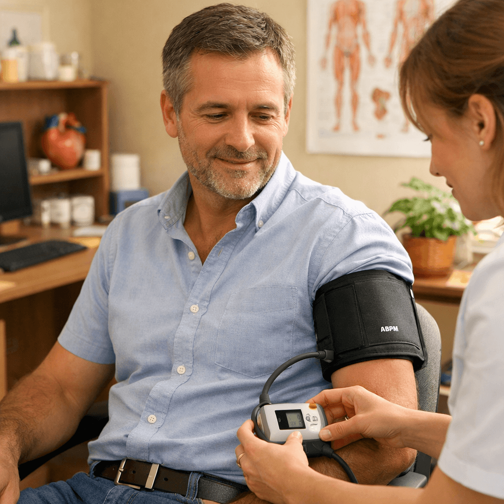 Zdjęcie przedstawia proces zakładania aparatu holterowskiego ciśnieniowego RR