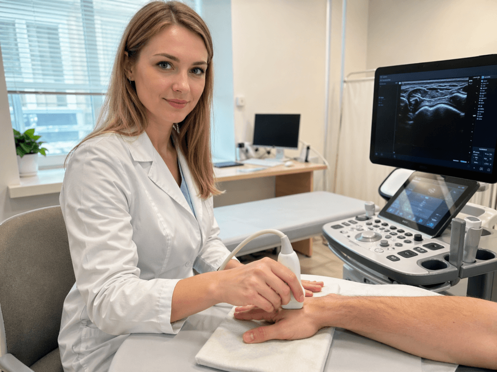 Lekarz reaumatolog wykonująca USG stawów w trakcie konsultacji reumatologicznej