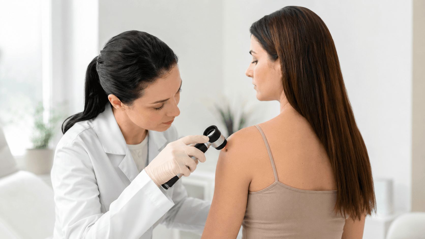 Lekarz dermatolog przeprowadza badanie dermatoskopowe skóry ramienia podczas akcji profilaktycznej w siedzibie firmy.